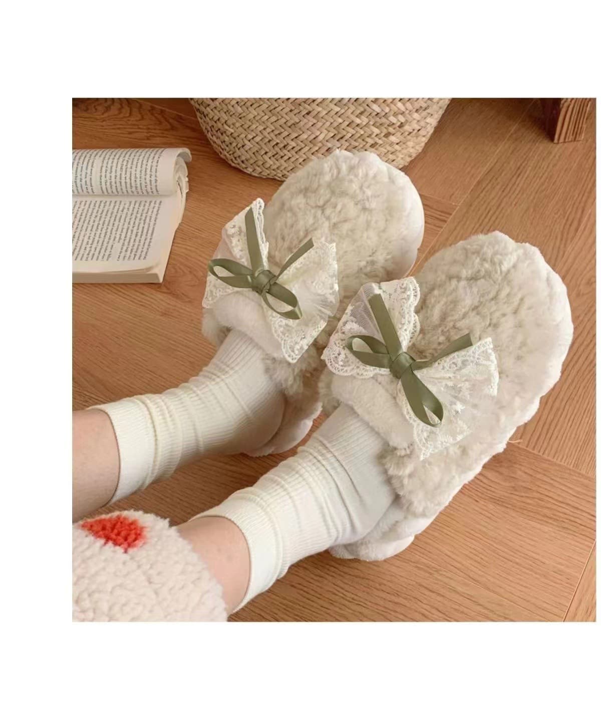 スリッパ もこもこレース付きリボンスリッパ