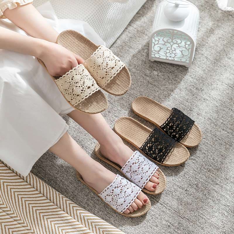 レース模様のオシャレな麻素材スリッパ