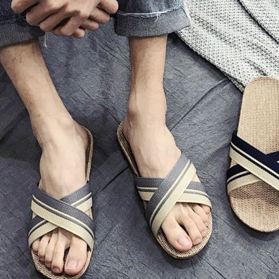 スリッパ クロスストラップ麻混スリッパ