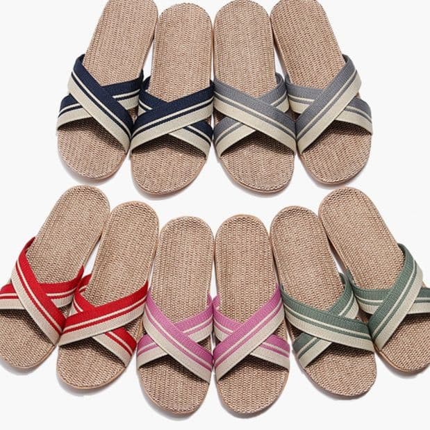 スリッパ クロスストラップ麻混スリッパ