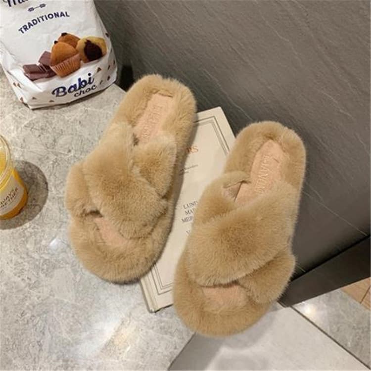 ふわふわファー交差ストラップスリッパ女性用厚底