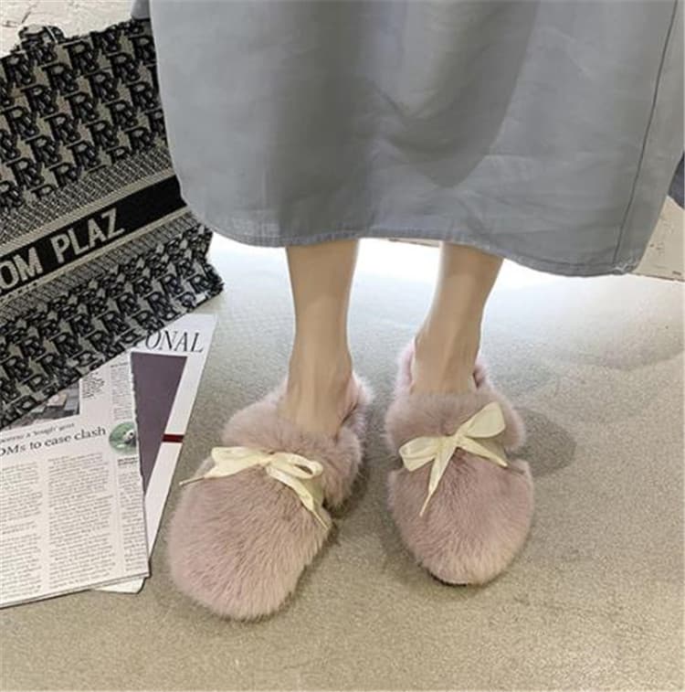 ふわふわファー蝶結びスリッパ女性用
