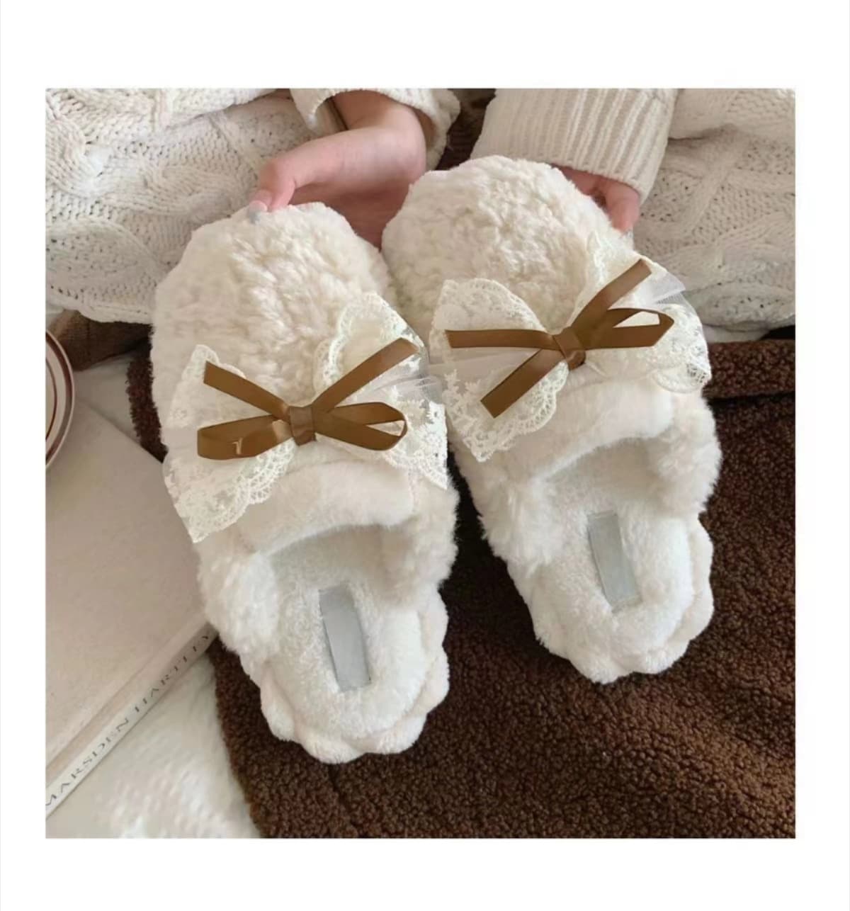スリッパ もこもこレース付きリボンスリッパ
