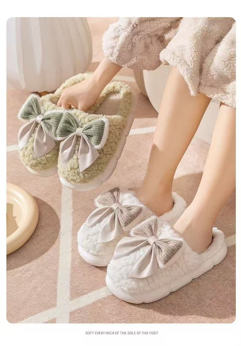 スリッパ もこもこリボン付き厚底ルームシューズ