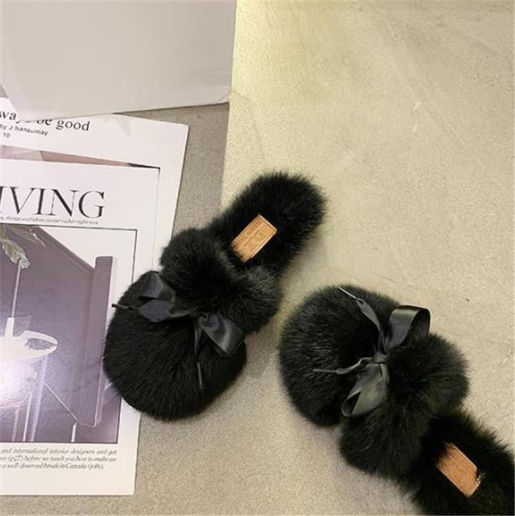 ふわふわファー蝶結びスリッパ女性用
