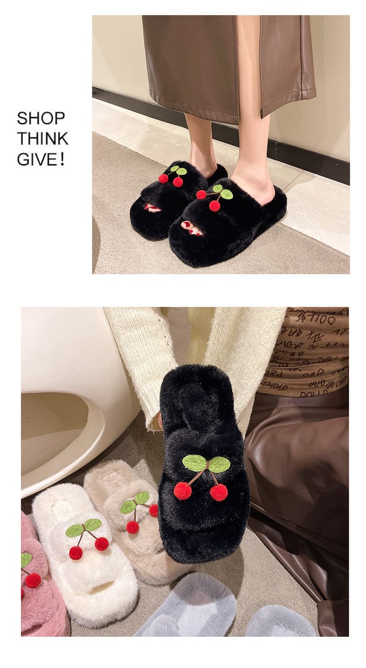 さくらんぼ刺繍ふわふわファースリッパ