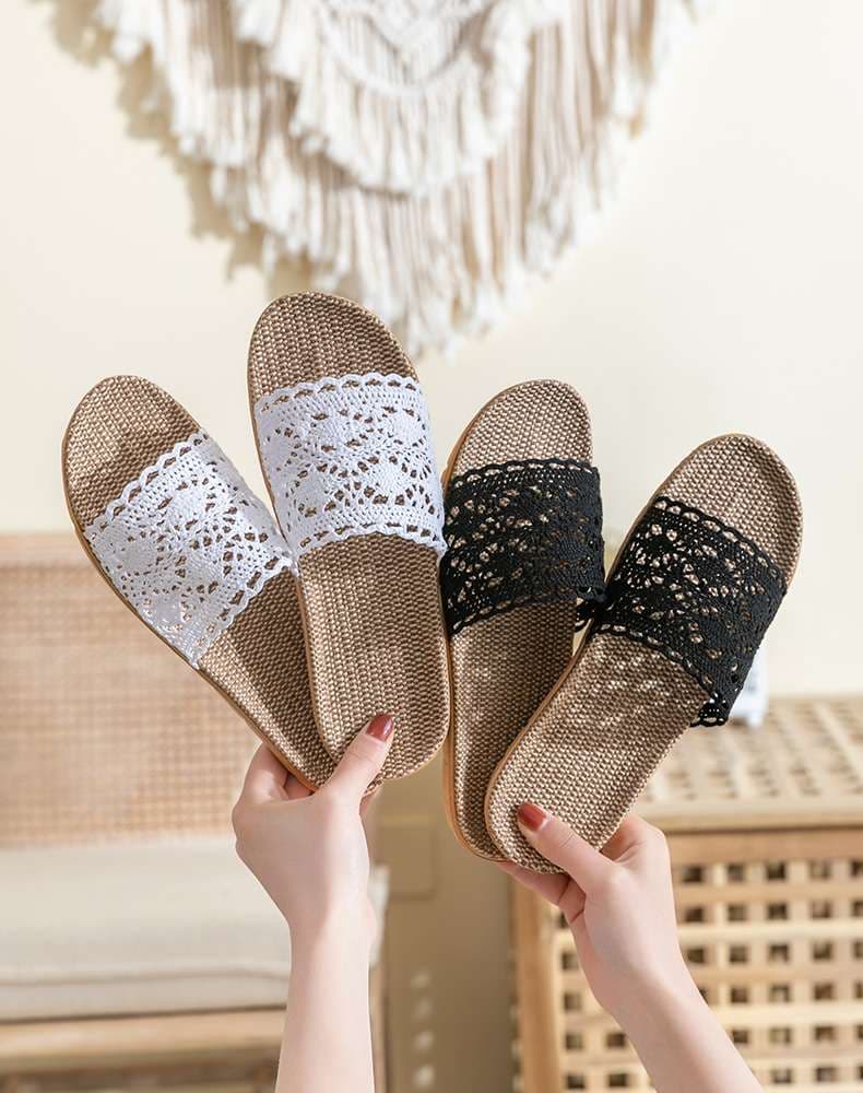 レース模様のオシャレな麻素材スリッパ