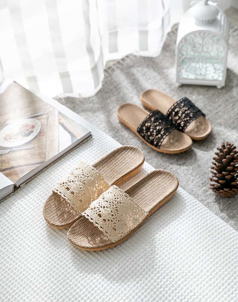レース模様のオシャレな麻素材スリッパ