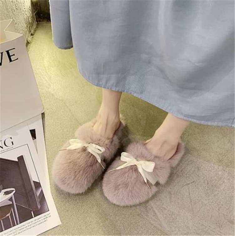 ふわふわファー蝶結びスリッパ女性用