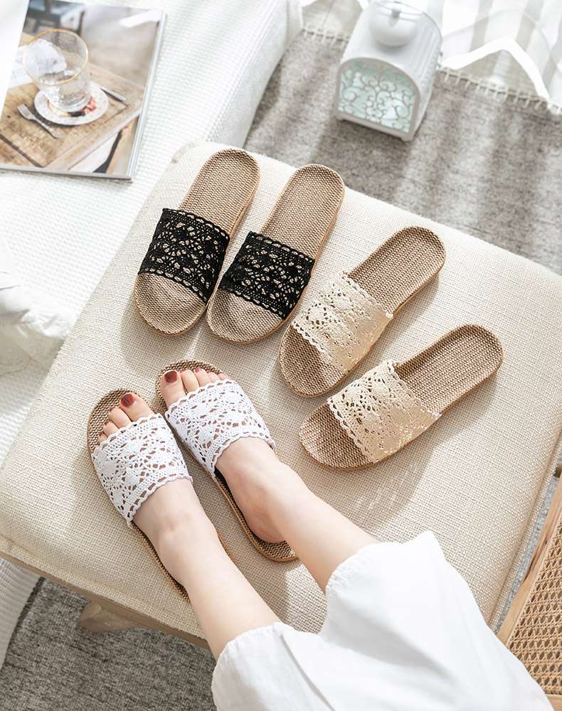 レース模様のオシャレな麻素材スリッパ
