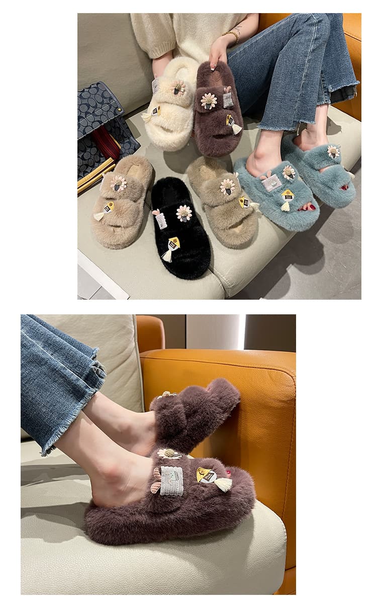 レディース ふわふわ ファー スリッパ 花飾り付き ルームシューズ