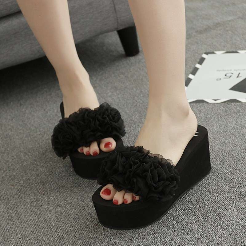 スリッパ ふわふわ花飾りプラットフォームサンダル
