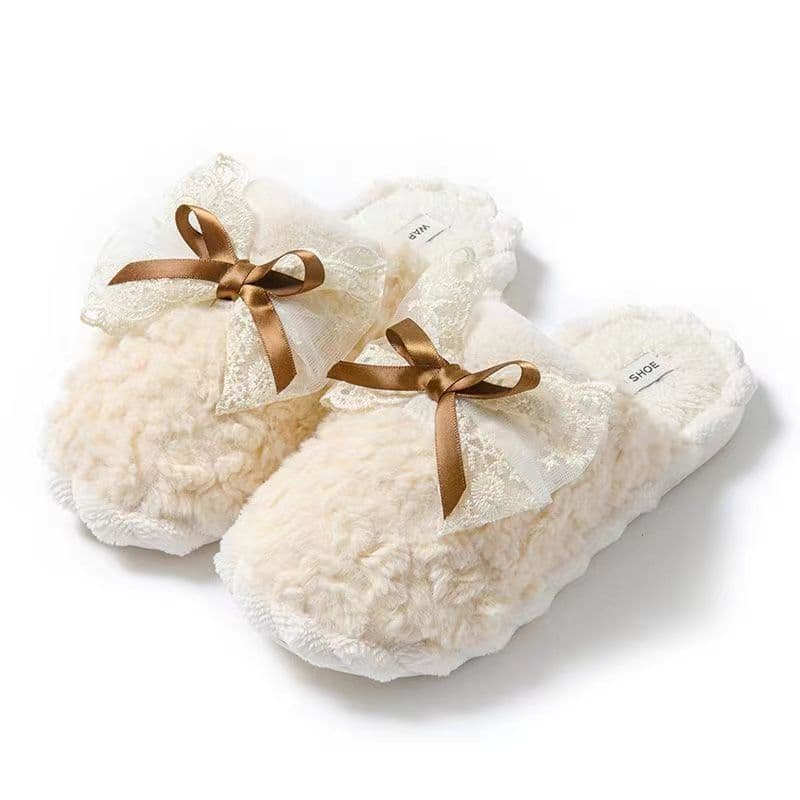 スリッパ もこもこレース付きリボンスリッパ