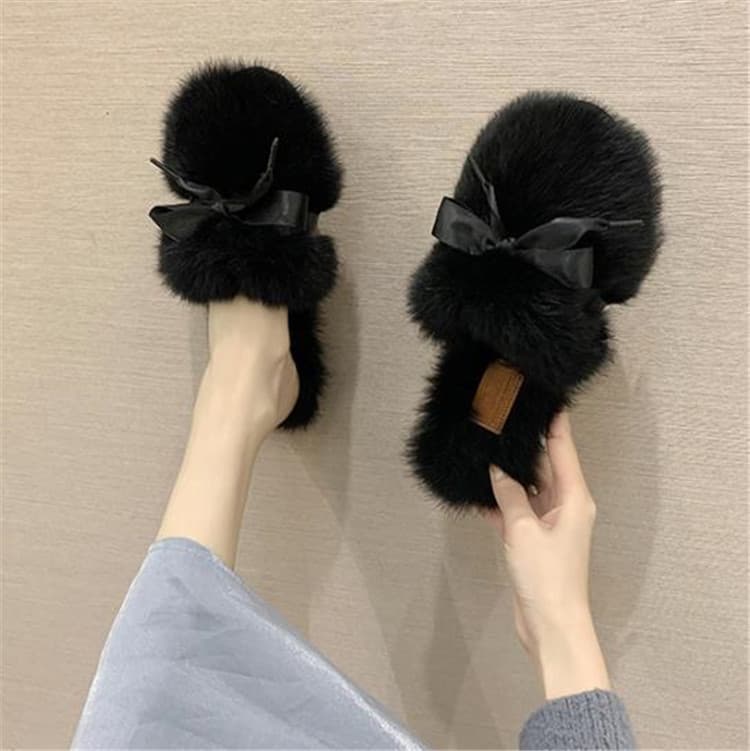 ふわふわファー蝶結びスリッパ女性用