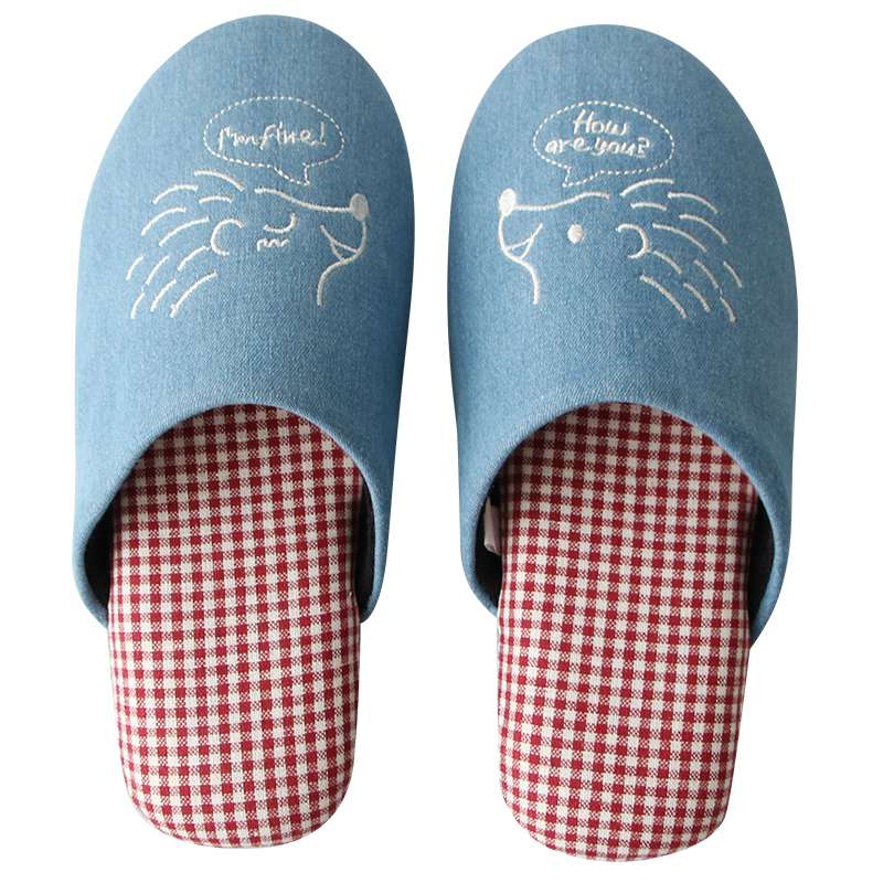 スリッパ ハリネズミ刺繍入り チェック柄スリッパ