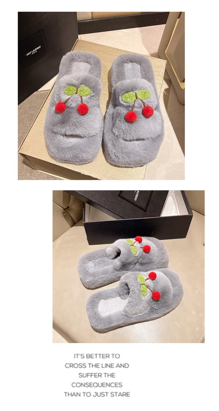 さくらんぼ刺繍ふわふわファースリッパ