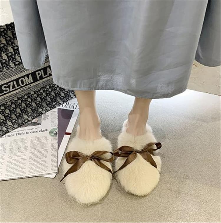ふわふわファー蝶結びスリッパ女性用