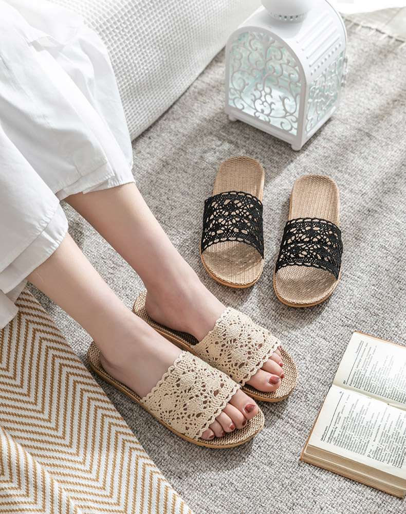 レース模様のオシャレな麻素材スリッパ