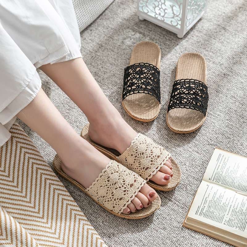 レース模様のオシャレな麻素材スリッパ