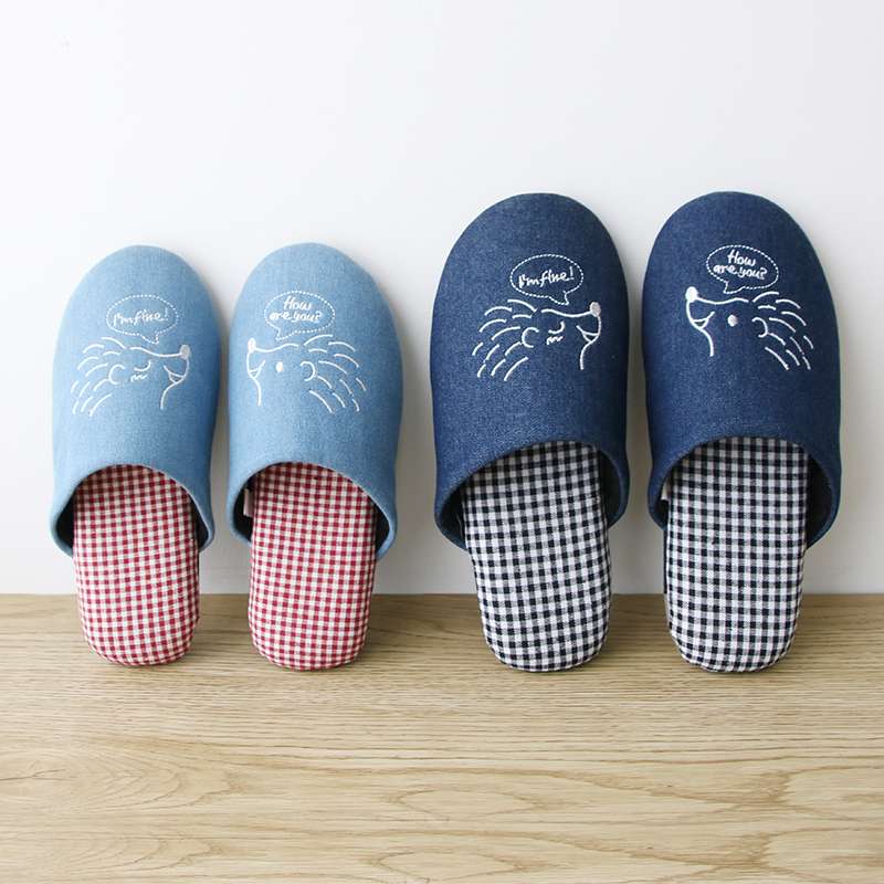 スリッパ ハリネズミ刺繍入り チェック柄スリッパ