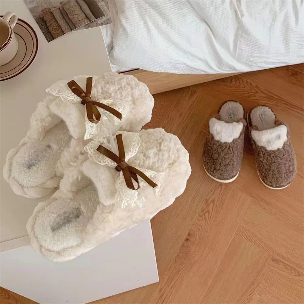 スリッパ もこもこレース付きリボンスリッパ