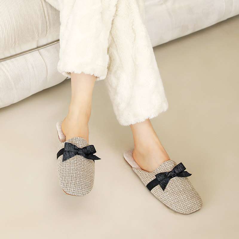 スリッパ リボン付きスリッポン風室内履き