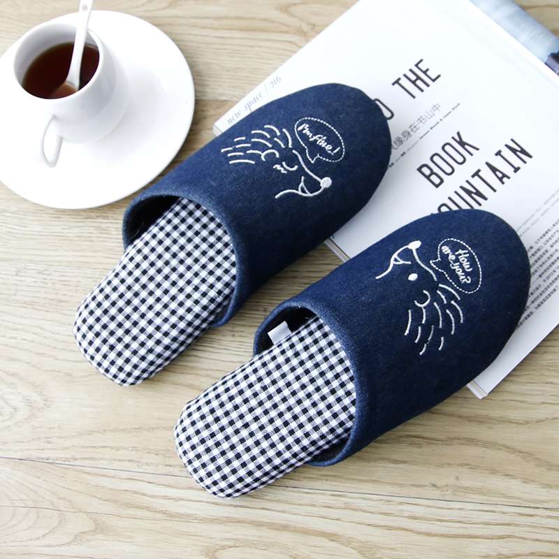 スリッパ ハリネズミ刺繍入り チェック柄スリッパ