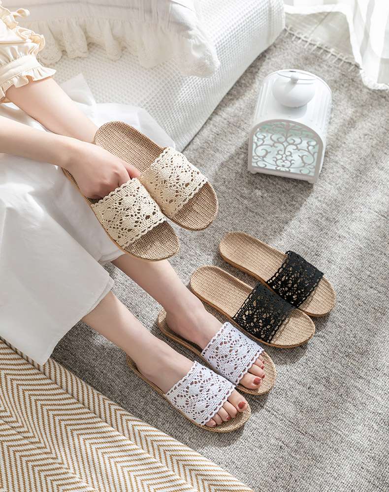 レース模様のオシャレな麻素材スリッパ