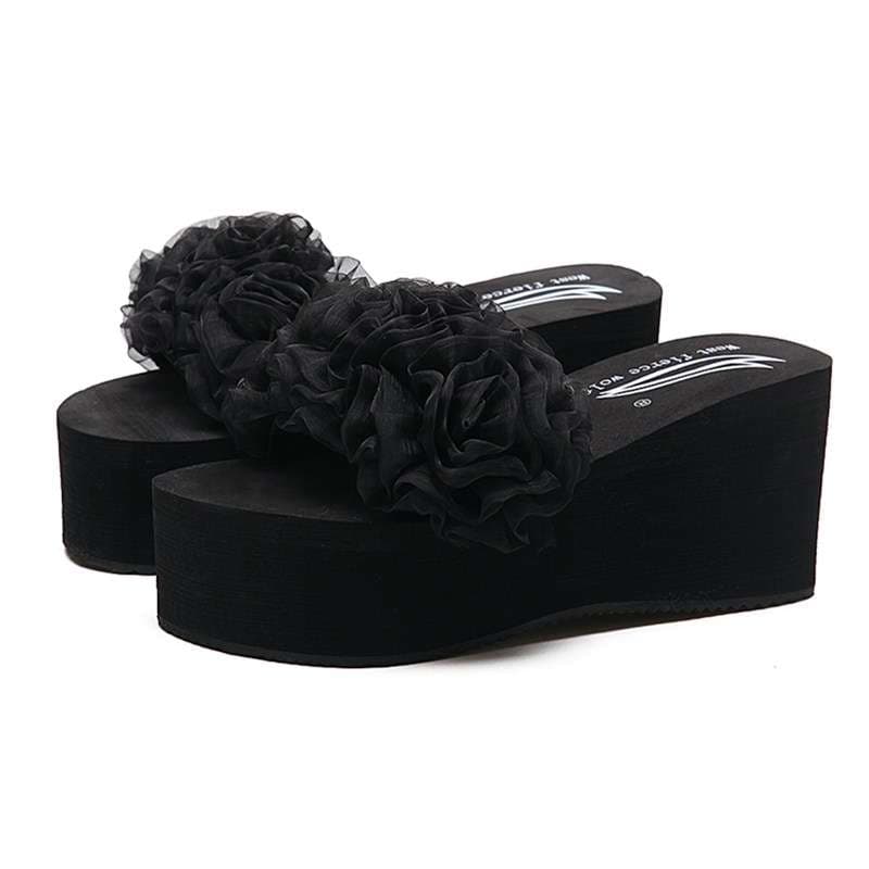 スリッパ ふわふわ花飾りプラットフォームサンダル