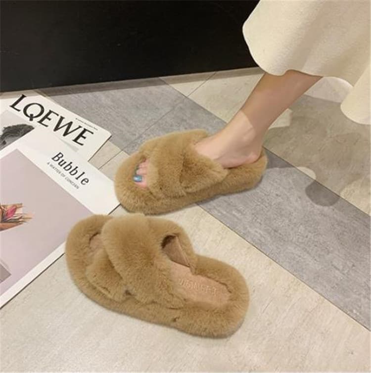 ふわふわファー交差ストラップスリッパ女性用厚底