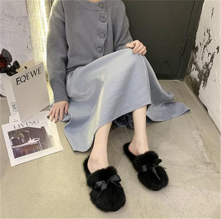 ふわふわファー蝶結びスリッパ女性用