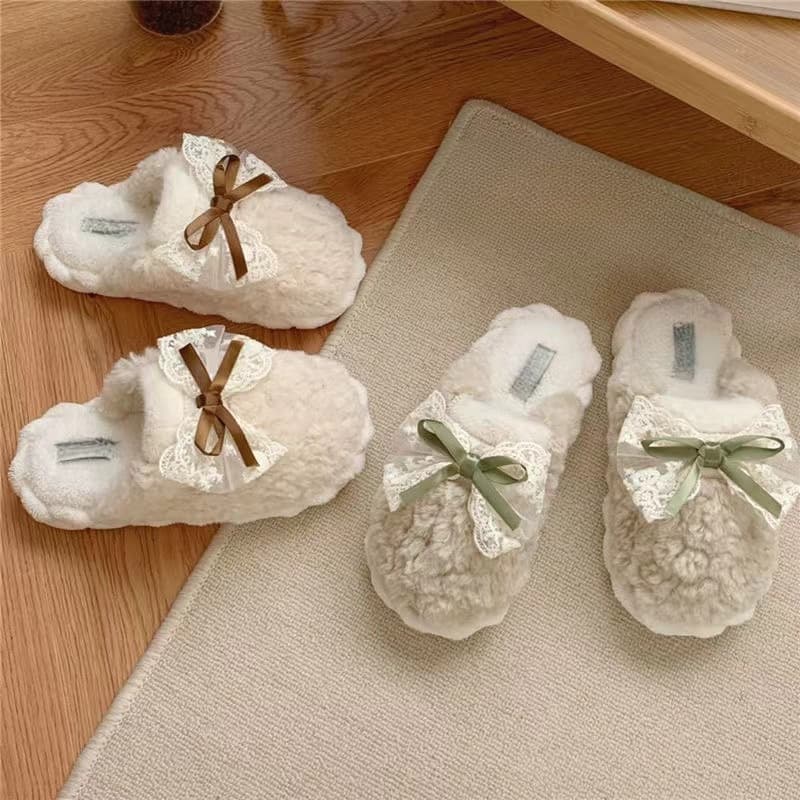 スリッパ もこもこレース付きリボンスリッパ
