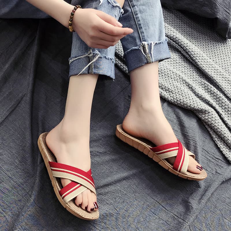 スリッパ クロスストラップ麻混スリッパ