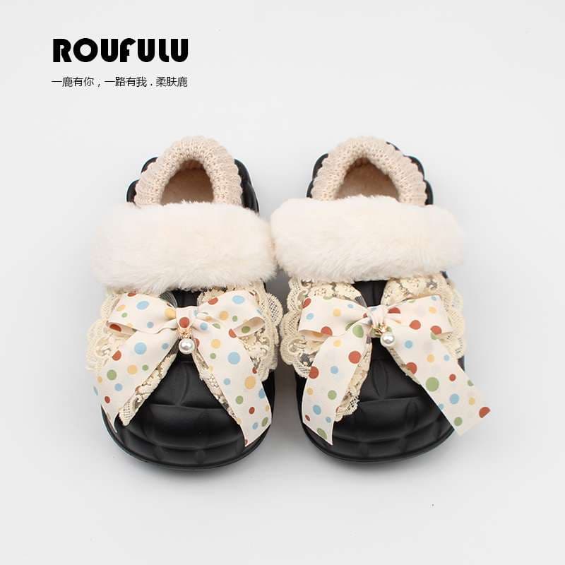 ふわもこリボン付きカラフルドット柄スリッパ