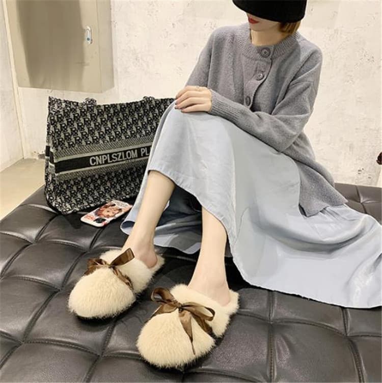 ふわふわファー蝶結びスリッパ女性用