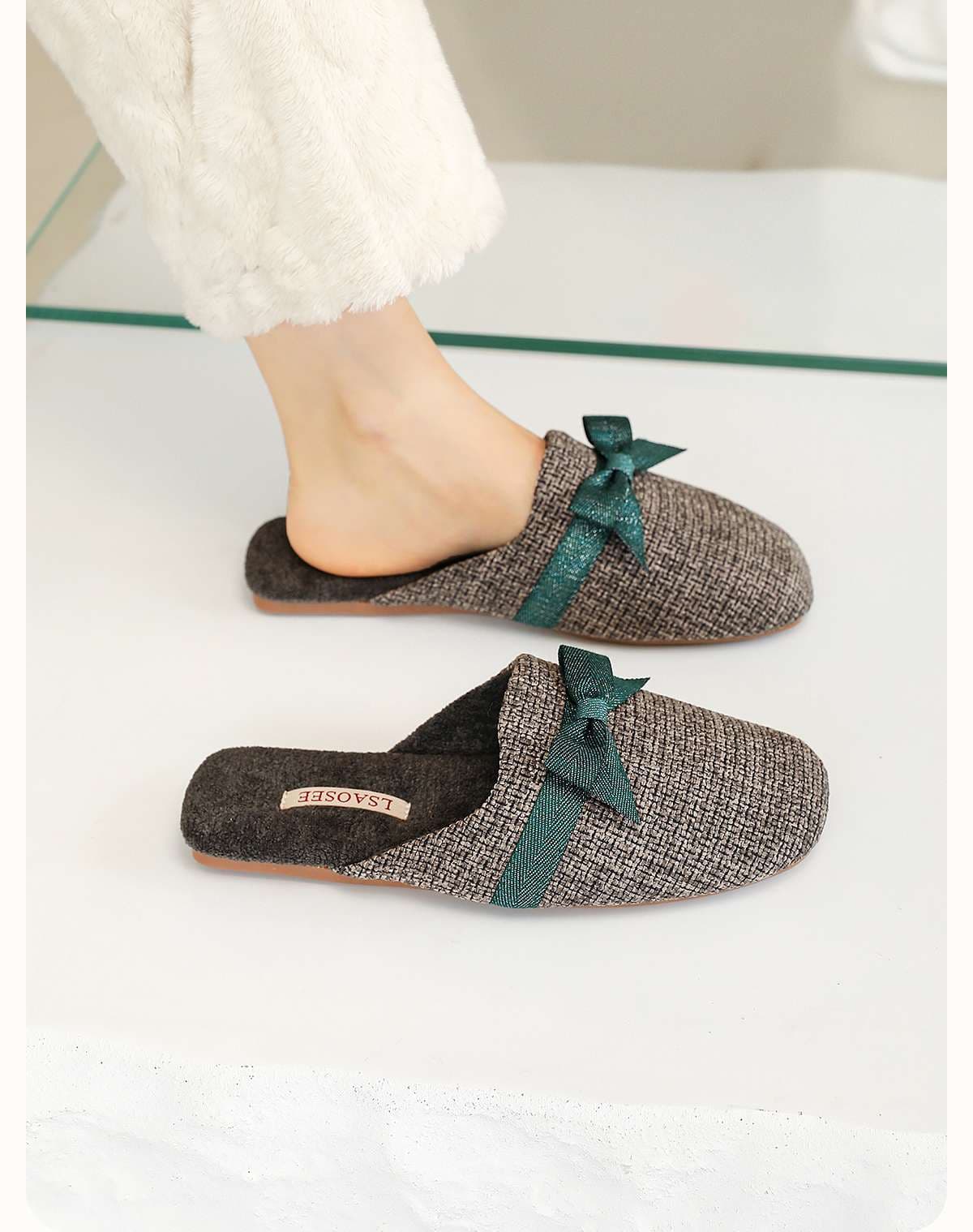 スリッパ リボン付きスリッポン風室内履き