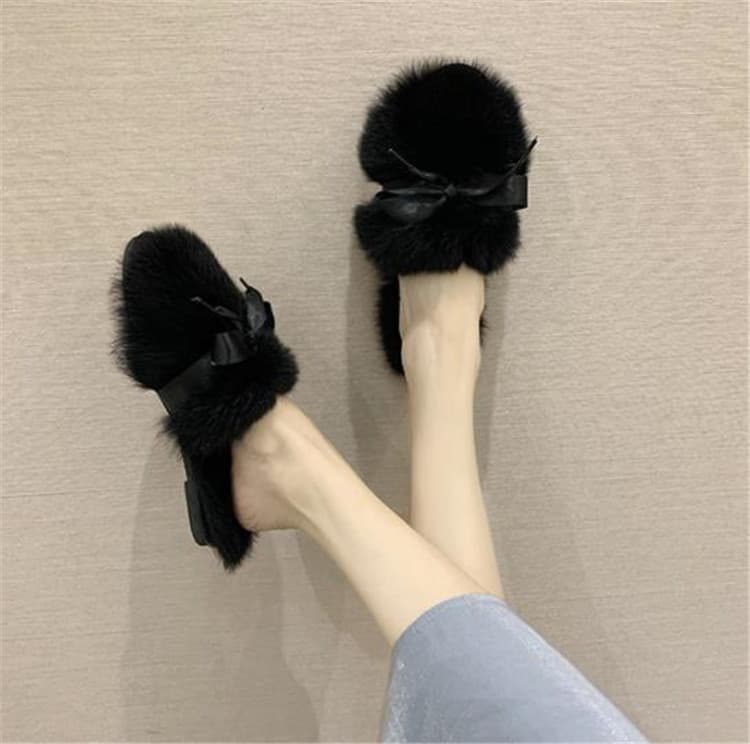 ふわふわファー蝶結びスリッパ女性用