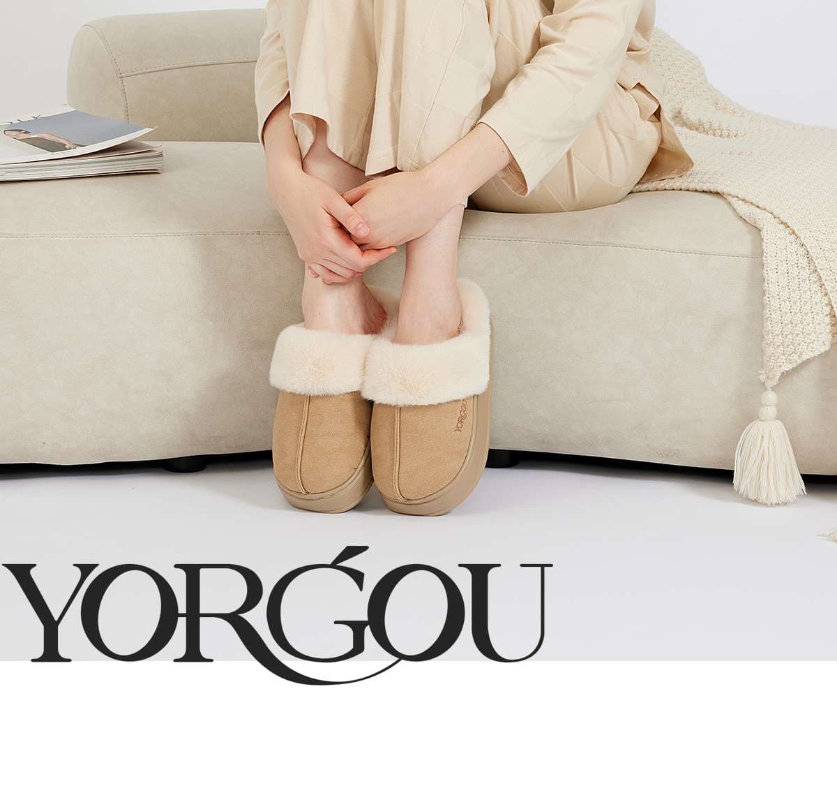 YORGOU ふわもこファー付き スエードスリッパ