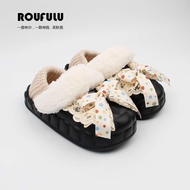 ふわもこリボン付きカラフルドット柄スリッパ
