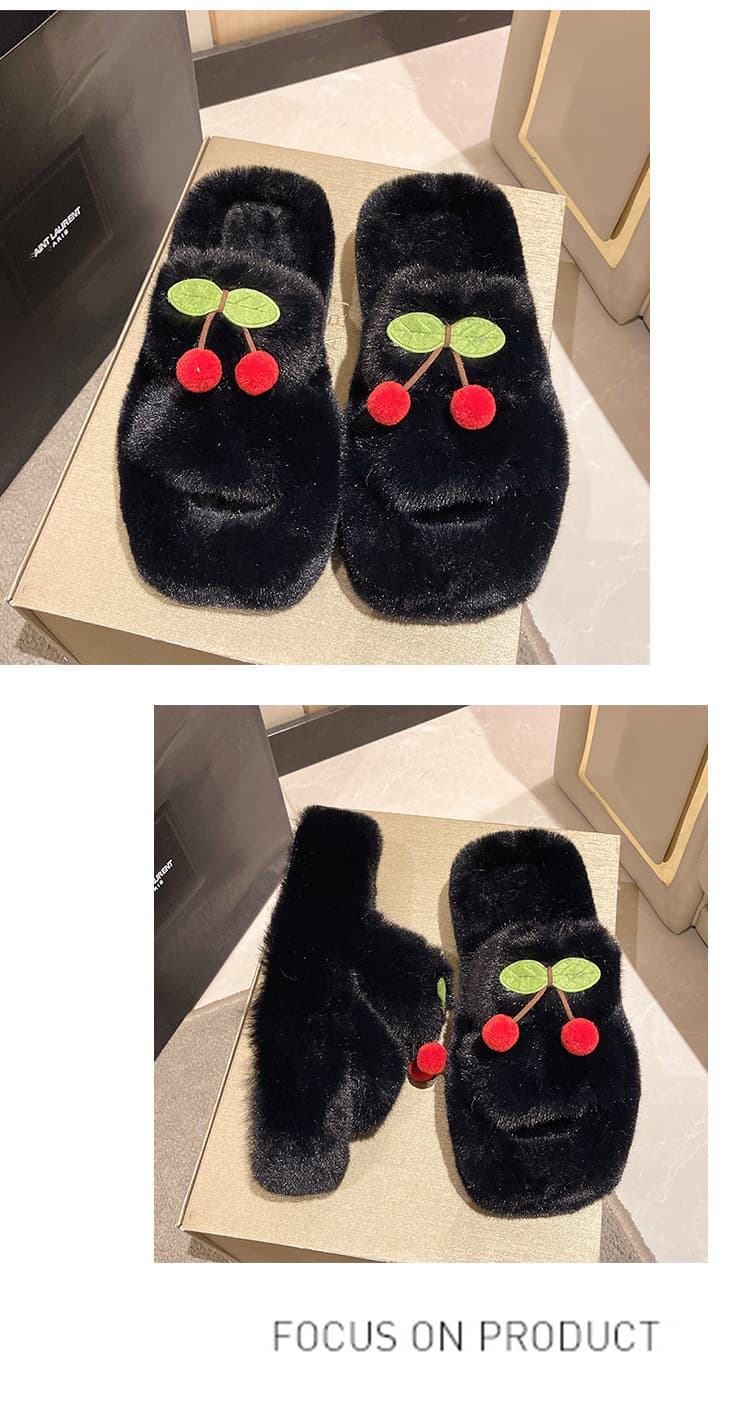 さくらんぼ刺繍ふわふわファースリッパ