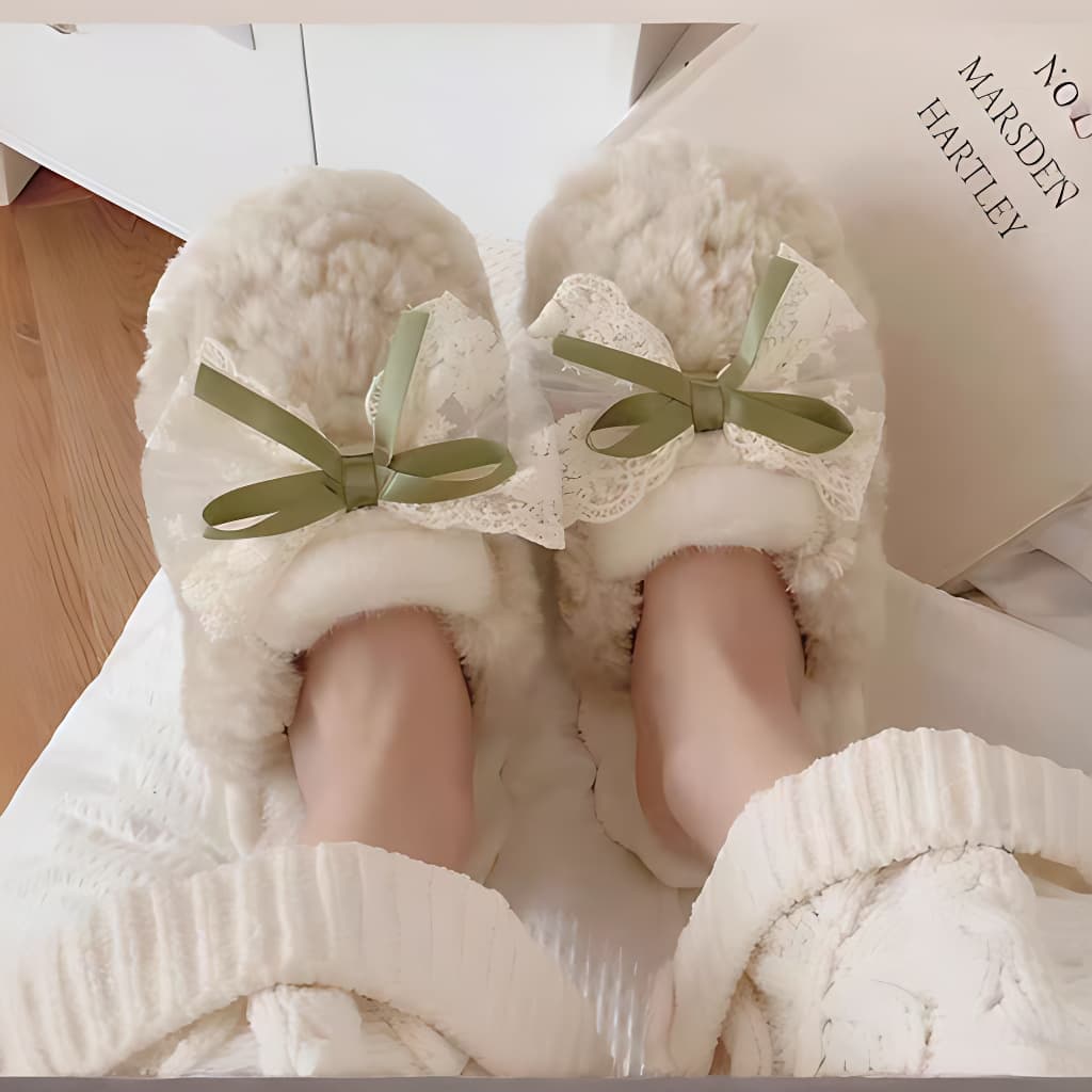 スリッパ もこもこレース付きリボンスリッパ