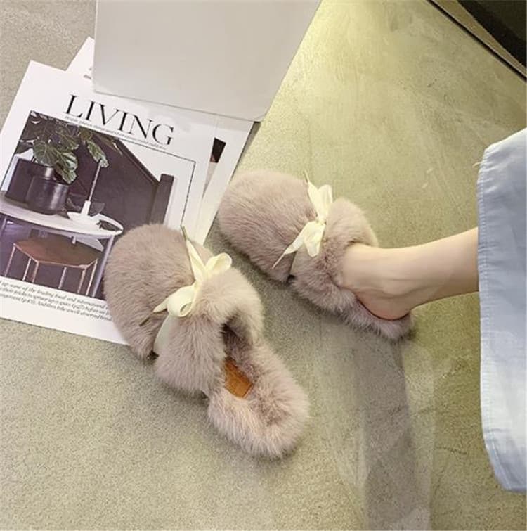ふわふわファー蝶結びスリッパ女性用