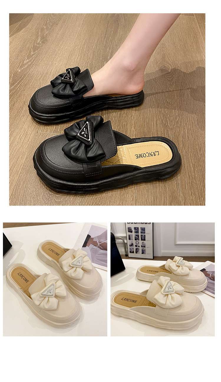 リボン付きフラットミュールスリッパ