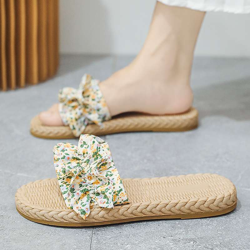 スリッパ 花柄リボン付き編み底サンダル